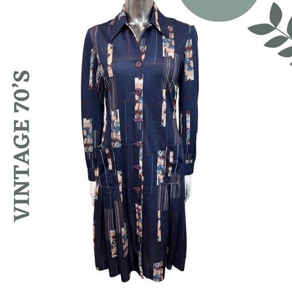 Vintage 70s Leo-Danal for Normie Hum Navy Blue Abstract Floral Shirt Dress Midi - Picture 3 of 10